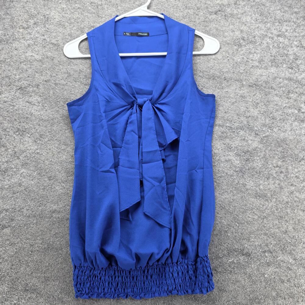 Maurices Blouse Womens Small Blue Sleeveless Bow Tie Neck Smocked Hem Career Top